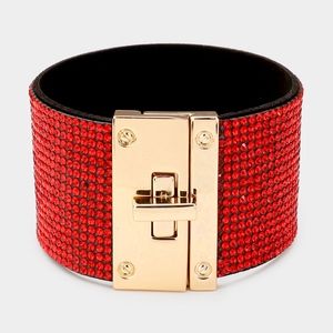 Glamorous Siam Red Rhinestones Gold Lock Bracelet Sexy Fashion Statement Jewelry